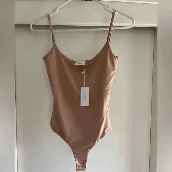 CLYQUE THE LABEL DONYA NUDE BODYSUIT TAN BEIGE THIN STRAP THONG LOW CUT-NWT - Picture 3 of 8
